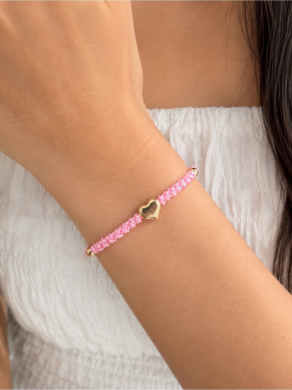 Handmade Pink Macrame Stainless Steel Puffed Heart Adjustable Bracelet Romantic